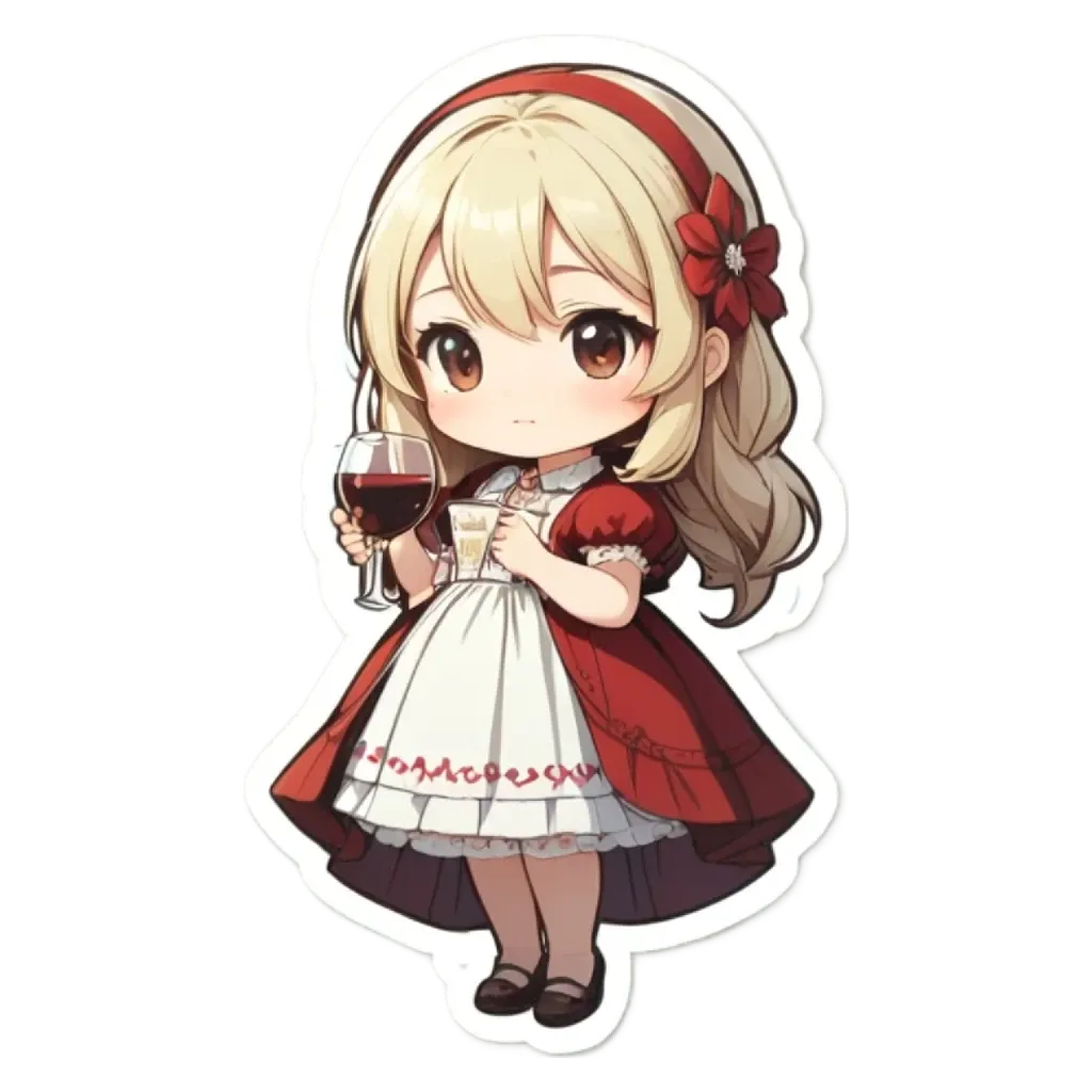 A girl wearing a red dress and holding a glass of wine.