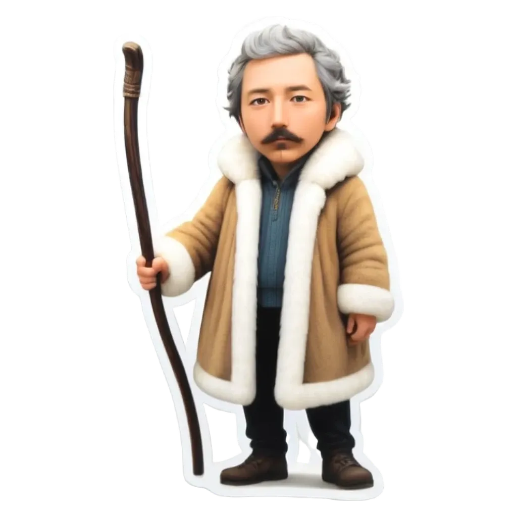 A boy wearing a coat and holding a stick is standing still.