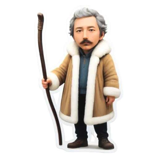 A boy wearing a coat and holding a stick is standing still.