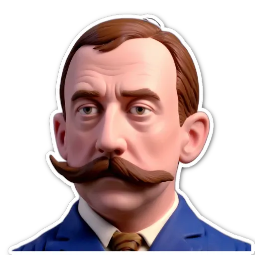 A sticker of a man with a mustache and a blue suit.
