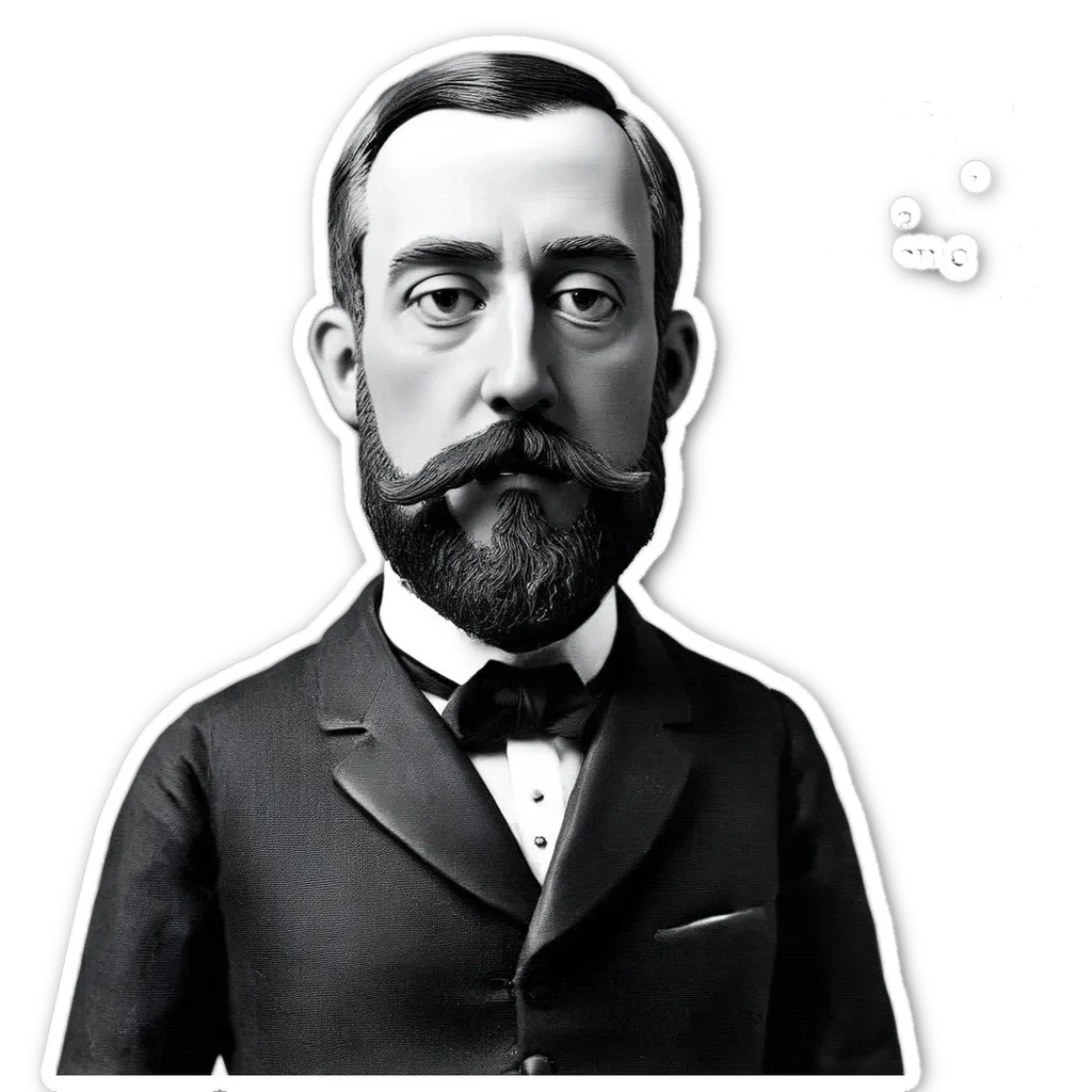 A black and white picture of a man with a beard and mustache wearing a tuxedo.