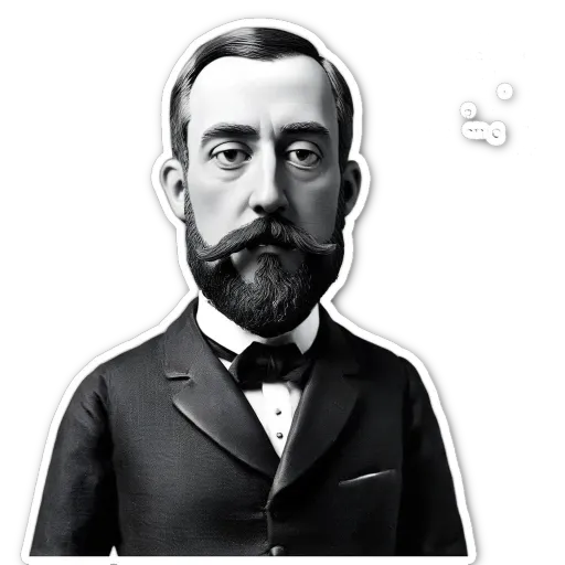 A black and white picture of a man with a beard and mustache wearing a tuxedo.