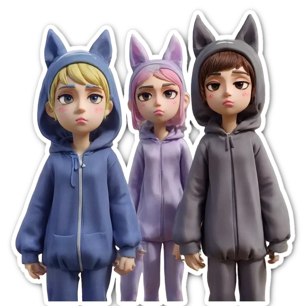 Three cartoon characters wearing animal pajamas are standing next to each other.