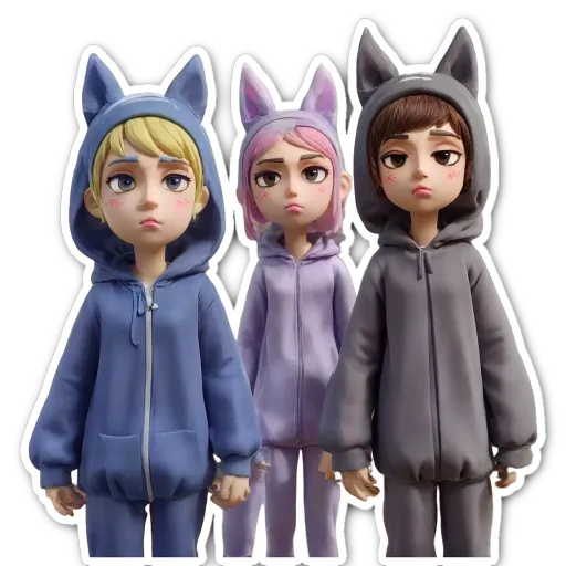 Three cartoon characters wearing animal pajamas are standing next to each other.