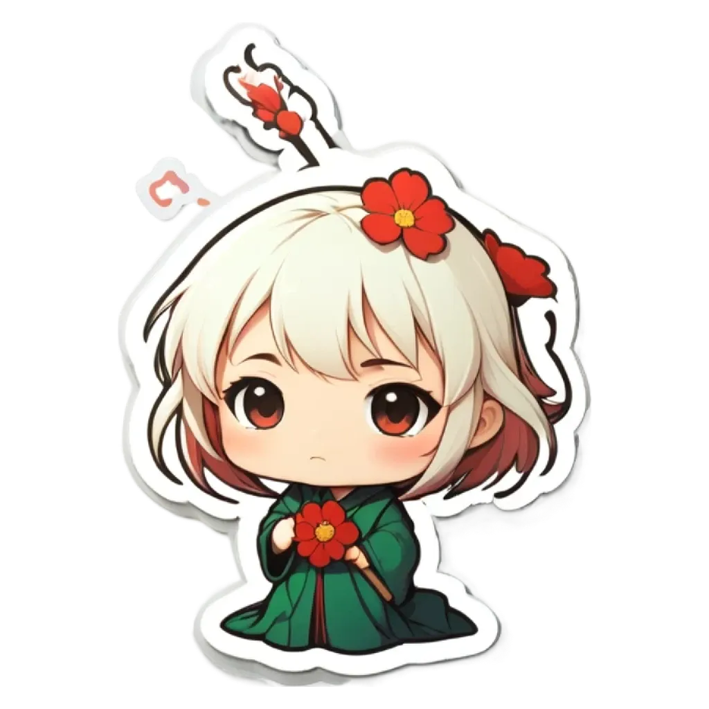 A girl is wearing a green kimono with red flowers and she is holding a flower in her right hand.