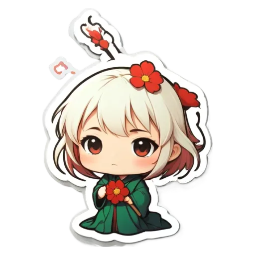 A girl is wearing a green kimono with red flowers and she is holding a flower in her right hand.