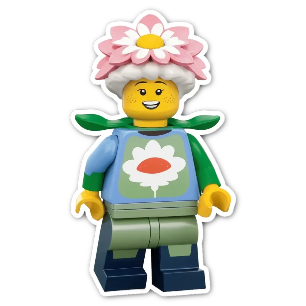 A plastic lego person in a flowery blue shirt.