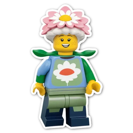 A plastic lego person in a flowery blue shirt.