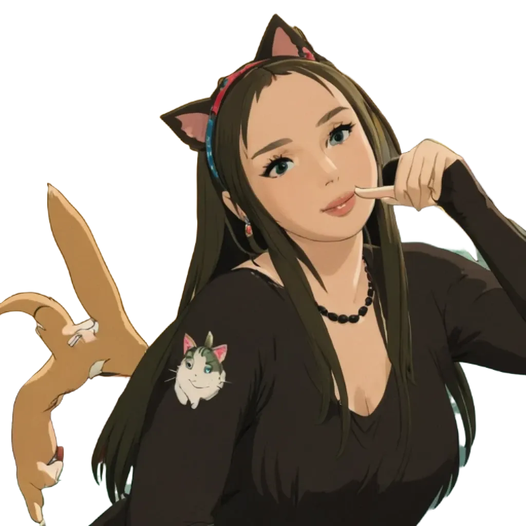 A woman with a cat on her shirt is sitting down.