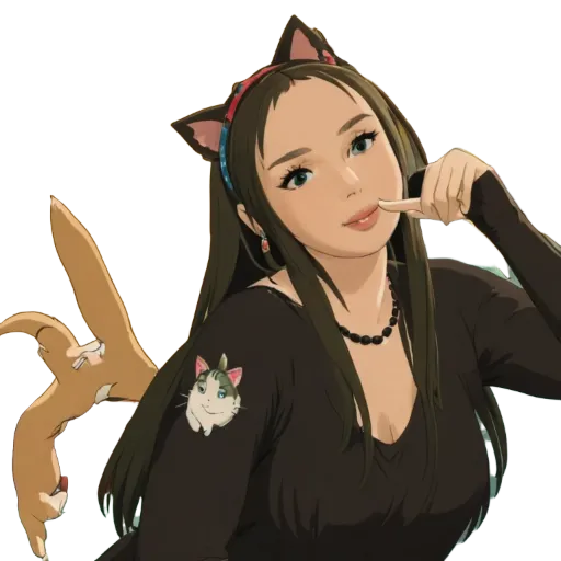 A woman with a cat on her shirt is sitting down.