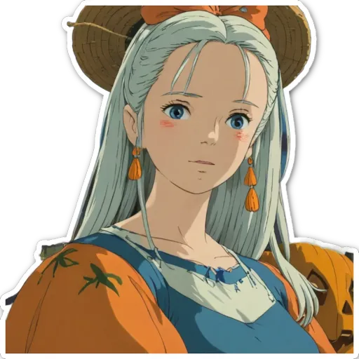 A girl with a pumpkin sticker is wearing a dress and a sunhat.