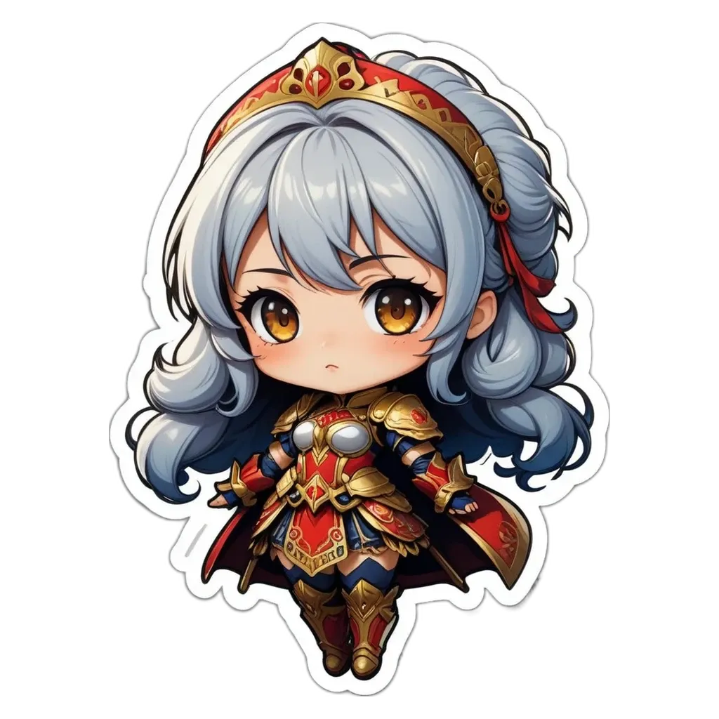 A girl is standing with red and gold clothing and a blue crown.