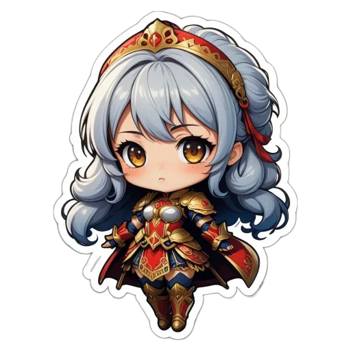 A girl is standing with red and gold clothing and a blue crown.