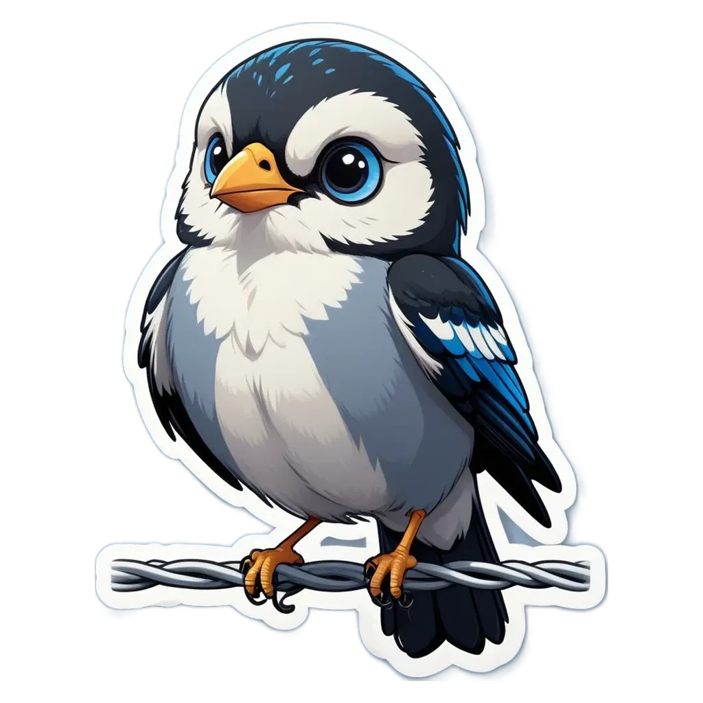 A bird is perched on a wire with a bird sticker on it.