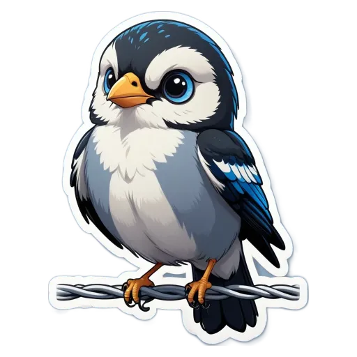 A bird is perched on a wire with a bird sticker on it.