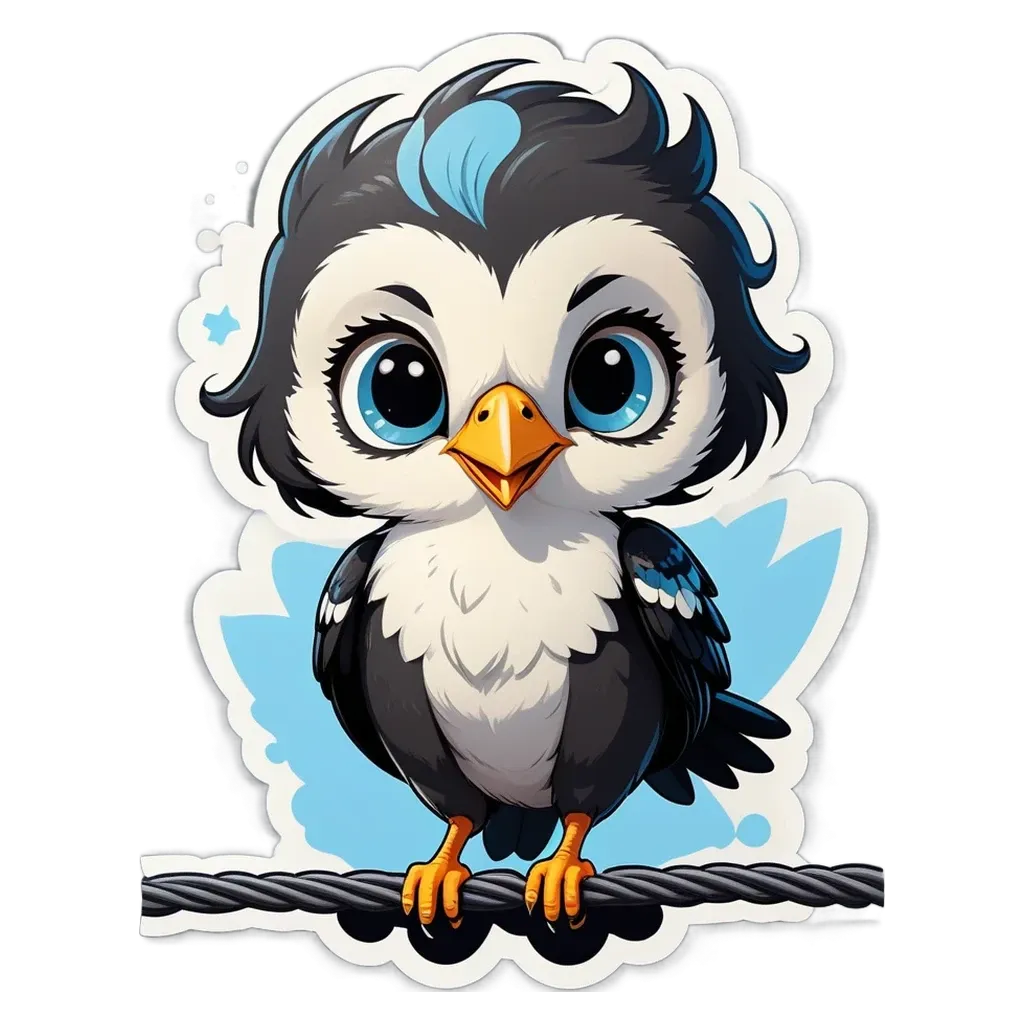 A cartoon bird standing on a wire.