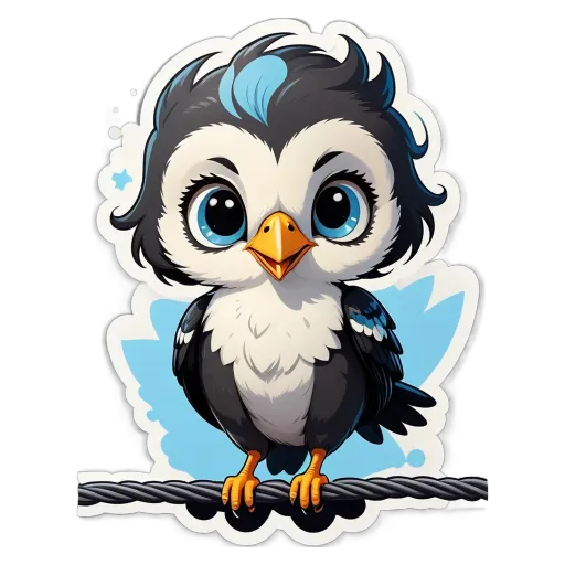 A cartoon bird standing on a wire.