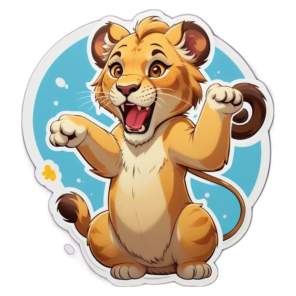 A lion cub playing with his paws up on a blue and white background.