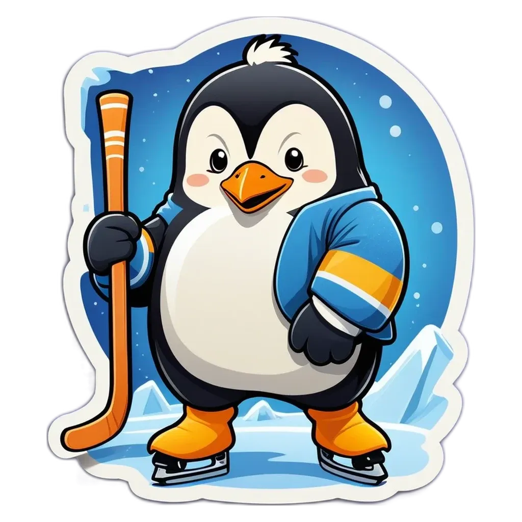 A penguin with a hockey stick is wearing a blue jacket.