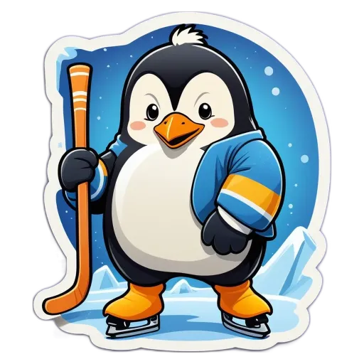 A penguin with a hockey stick is wearing a blue jacket.