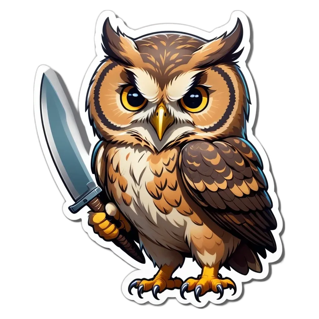An owl with a knife in its paws holding the knife above its head.