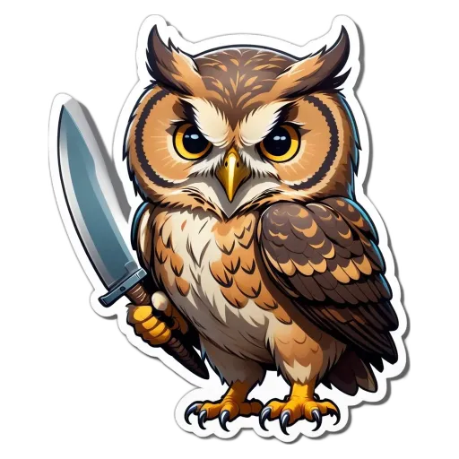 An owl with a knife in its paws holding the knife above its head.