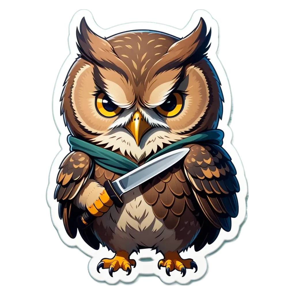 An owl with a knife in its right hand.