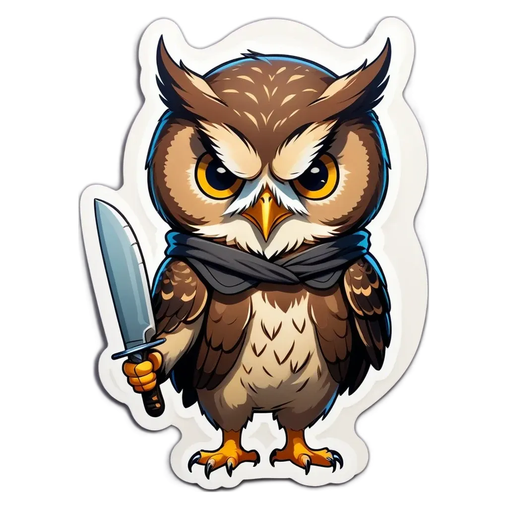 An owl with a sword is the main character of this image.