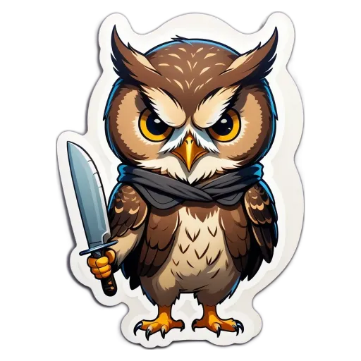 An owl with a sword is the main character of this image.