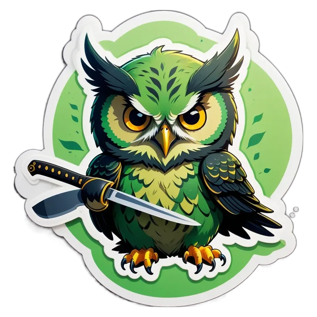 A cartoon owl with a knife in its right hand.