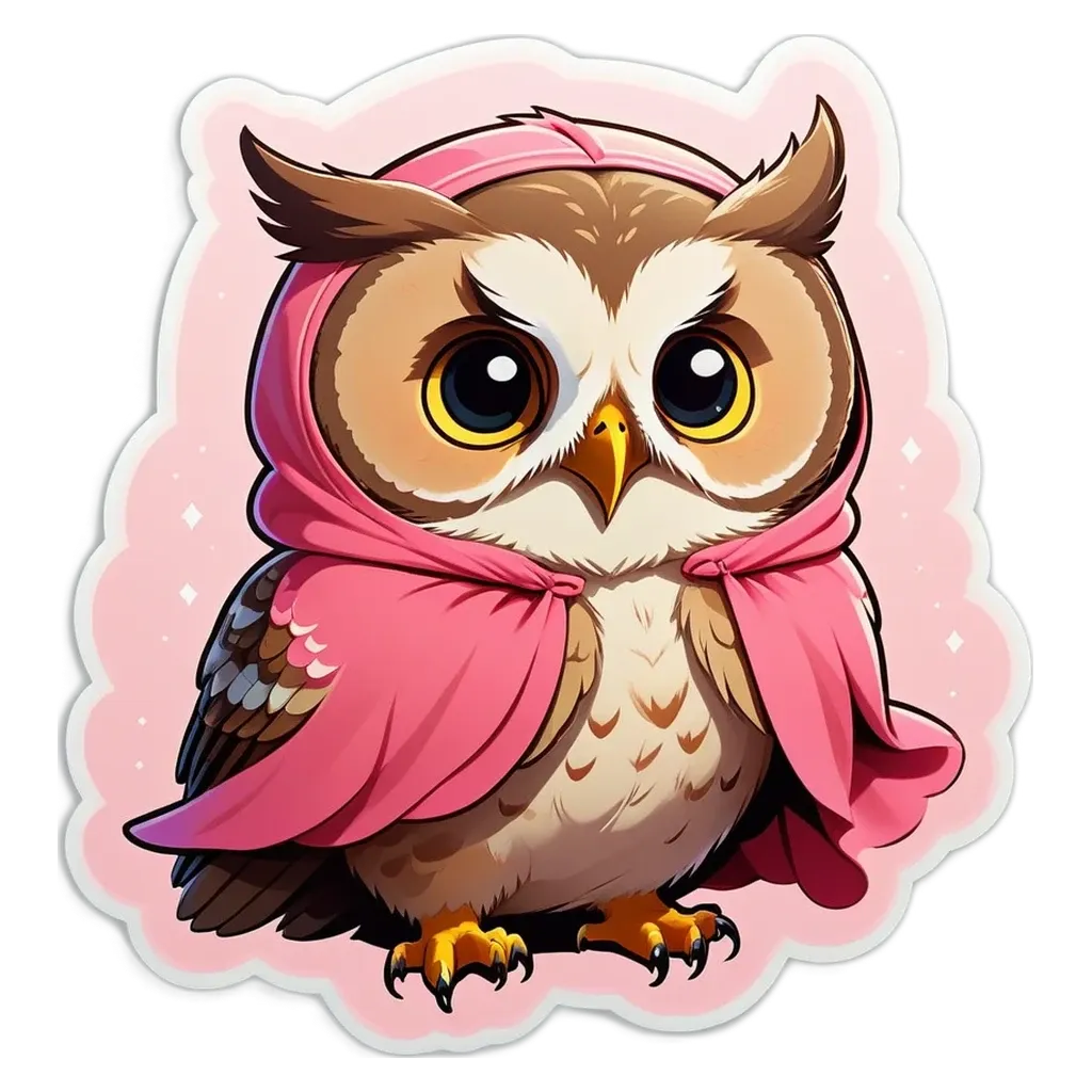 A cartoon owl with a pink cloth over its head.