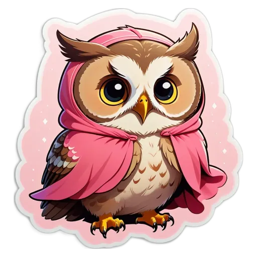 A cartoon owl with a pink cloth over its head.