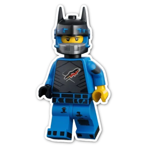 A blue and black lego person on a black background.