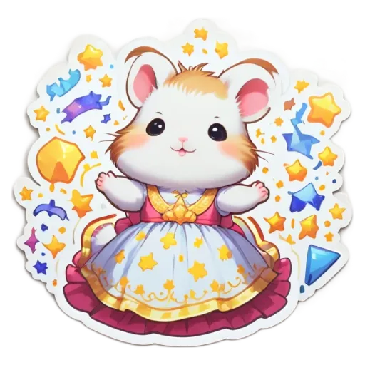 A small hamster dressed in a stars and diamonds dress is posing for the picture.