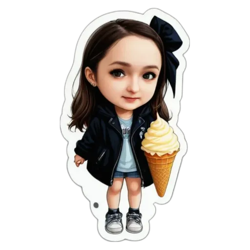 A sticker of a girl that has a ice cream cone.