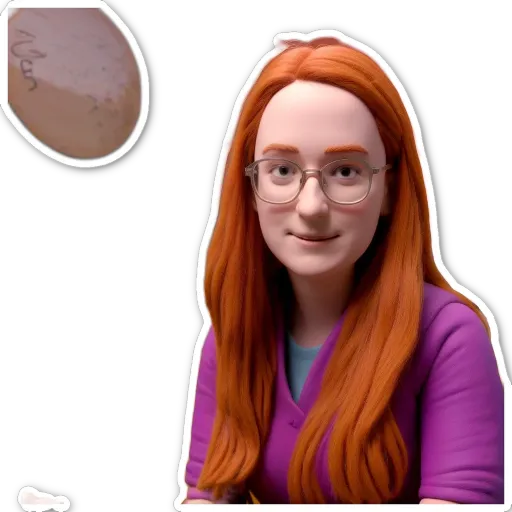 A woman is wearing glasses and is on a sticker of herself.