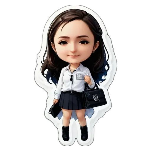 A girl is wearing a white shirt and black skirt.