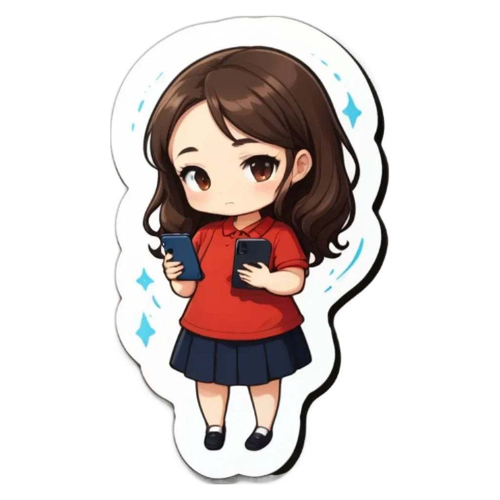 A girl using her phone is depicted in a sticker.