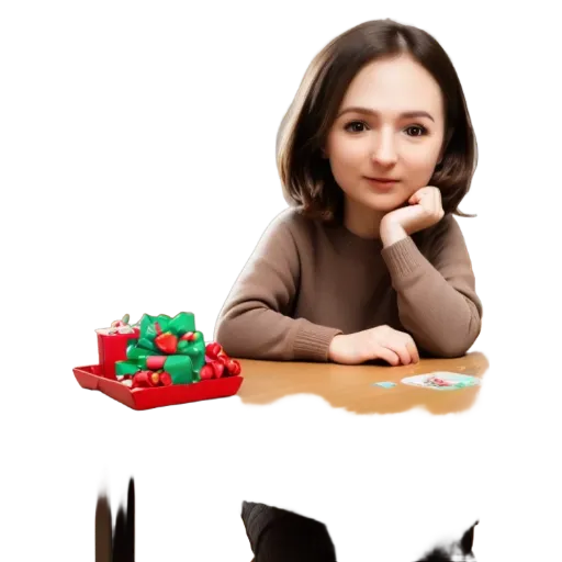 A girl is sitting at a table with a Christmas gift.