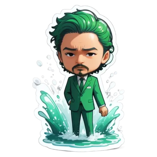 A green colored cartoon character in a suit standing in water with his hand in his pocket.