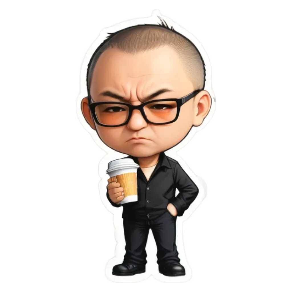 A cartoon character holding a cup of coffee and looking mad.