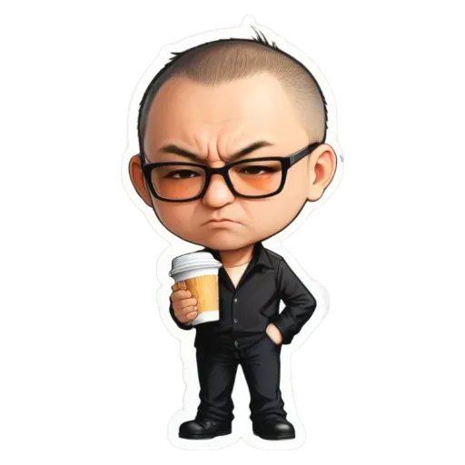 A cartoon character holding a cup of coffee and looking mad.