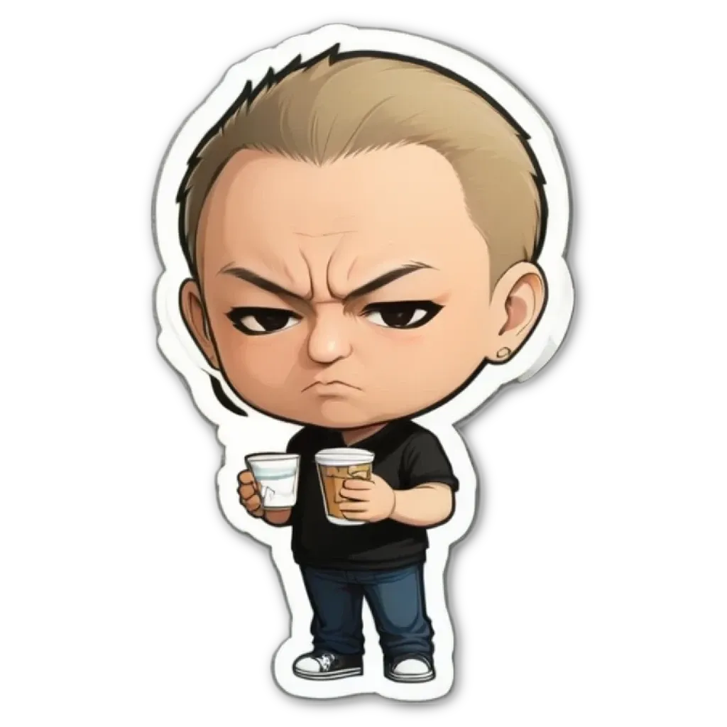 A boy in a black shirt holding two cups with a sticker of him.