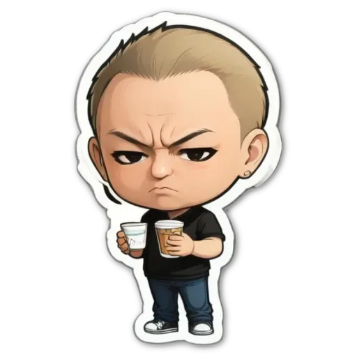 A boy in a black shirt holding two cups with a sticker of him.