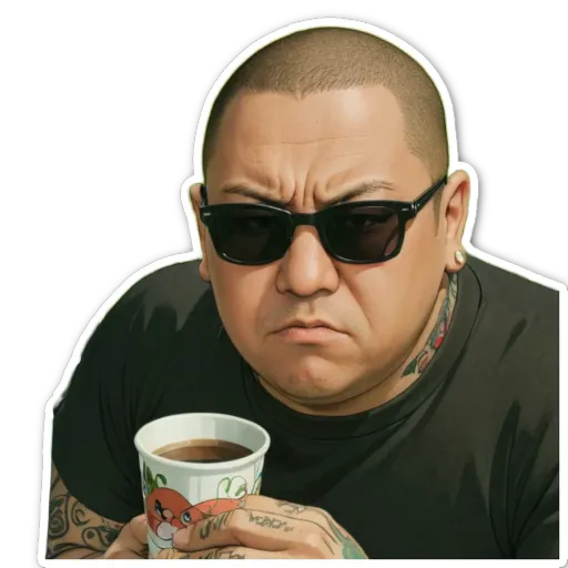A tattooed man wearing glasses and holding a coffee cup.
