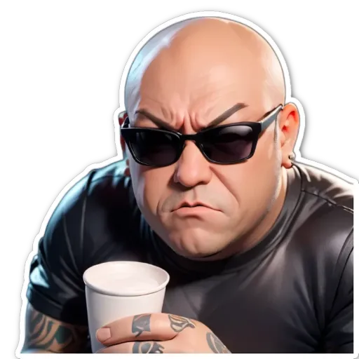 A man wearing sunglasses and a black shirt holding a cup of coffee.