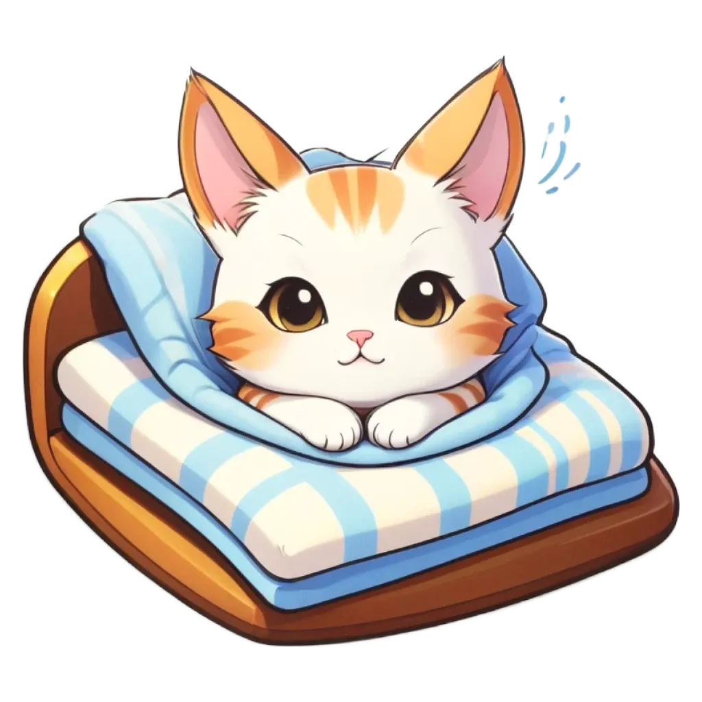 A cartoon cat laying on a bed.