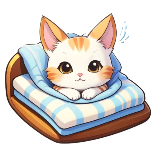A cartoon cat laying on a bed.
