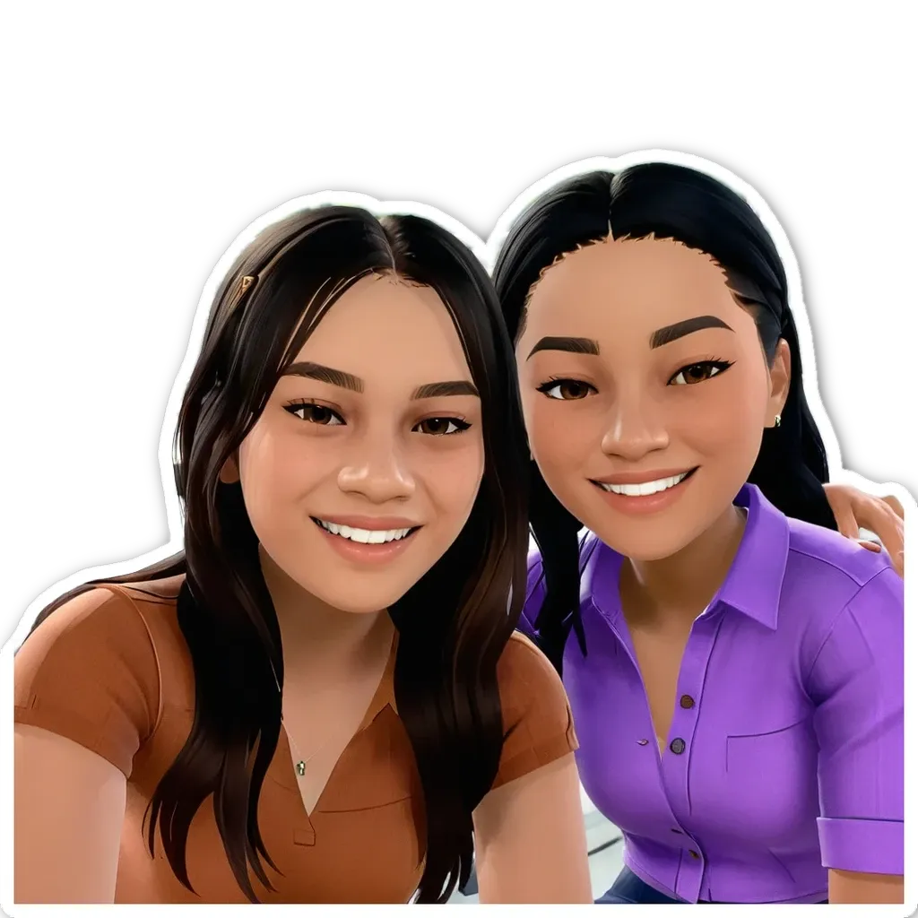 Two girls in stickers with one being brown and the other being purple.