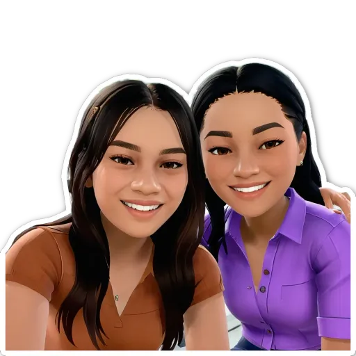 Two girls in stickers with one being brown and the other being purple.